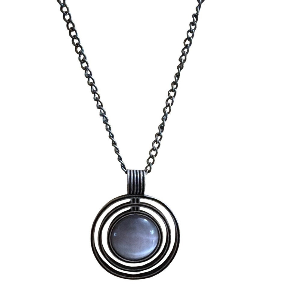 Gunmetal Concentric Circle Pendant Necklace Grey Cats Eye Stone Geometric